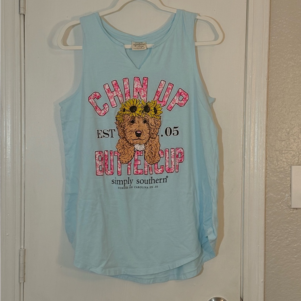 Simply Southern Light Blue 'Chin Up Buttercup' Women Tank Top Size XL